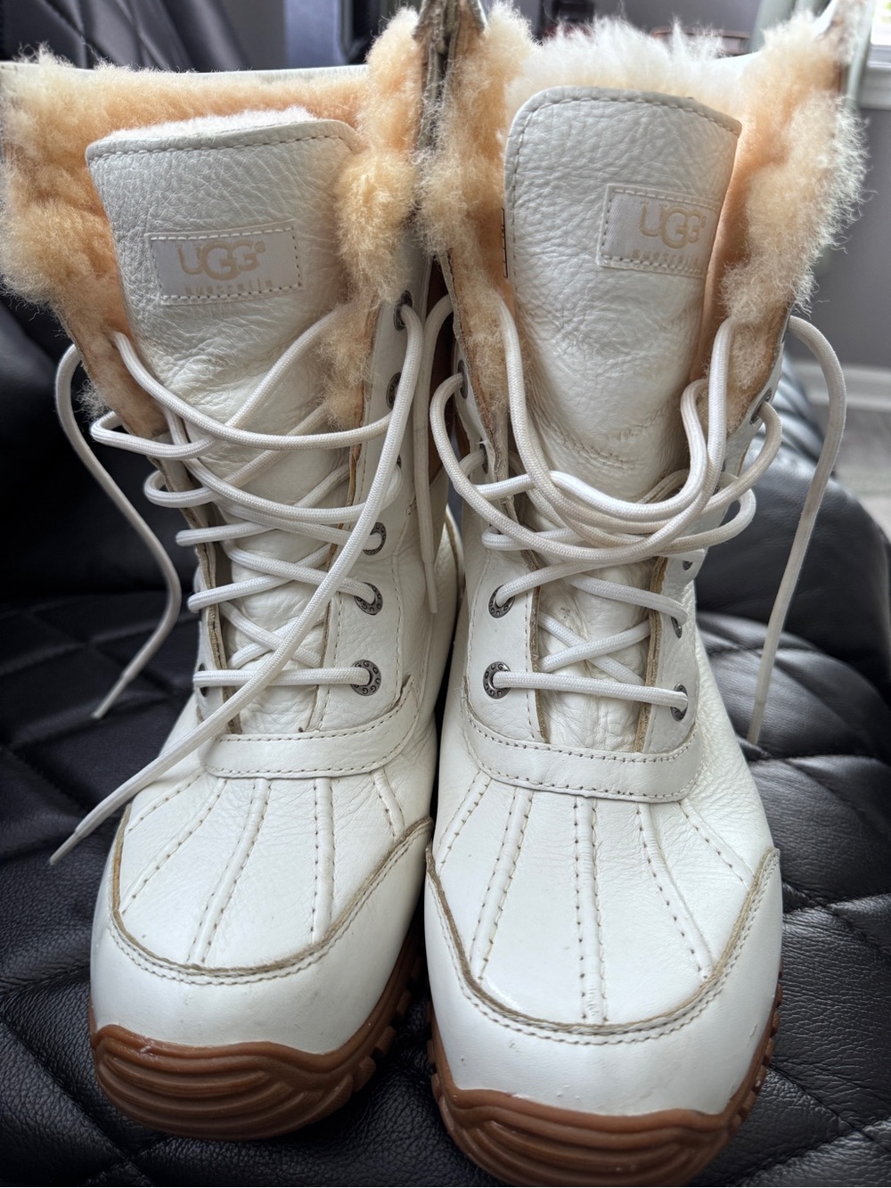 UGG Women's White Leather Lace-Up Winter Boots with Shearling Trim